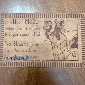 Vintage Illustrated leather Postcard with Camel and Monk